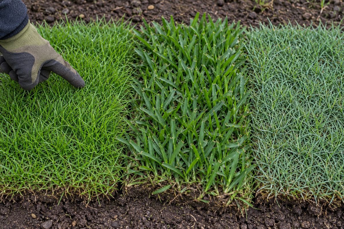 Strips of different turf grass types laid side by side for comparison