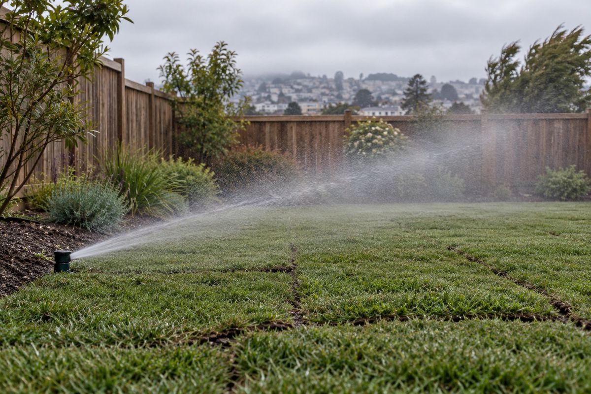Sprinkler watering a newly laid sod lawn on a breezy San Francisco day