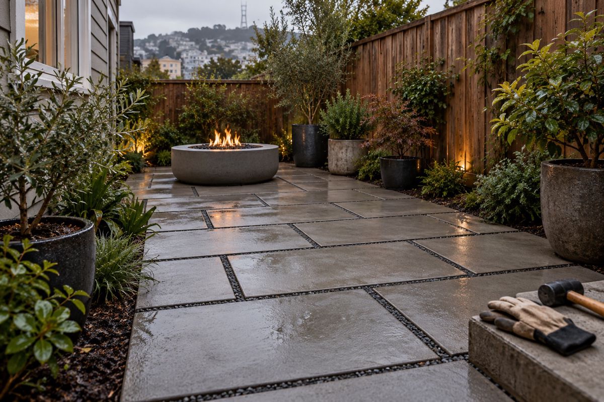 New paver patio with fire pit in a narrow San Francisco backyard