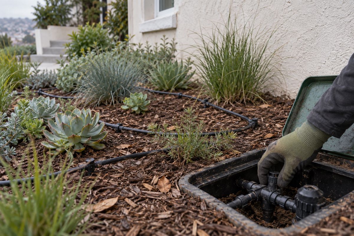 Drip irrigation lines and valve box in a planted bed beside a San Francisco house