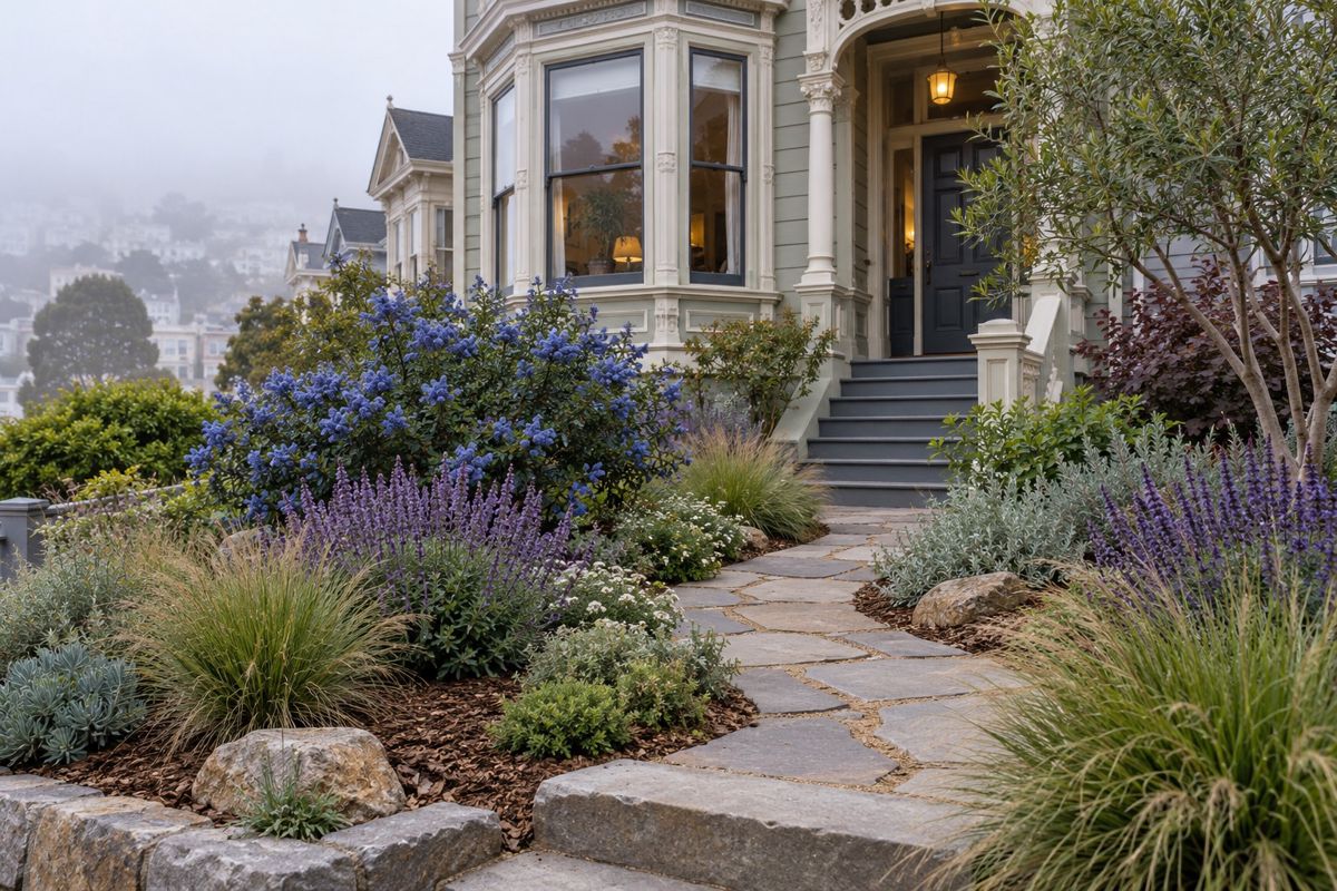 Newly planted drought-tolerant front garden at a San Francisco Victorian house