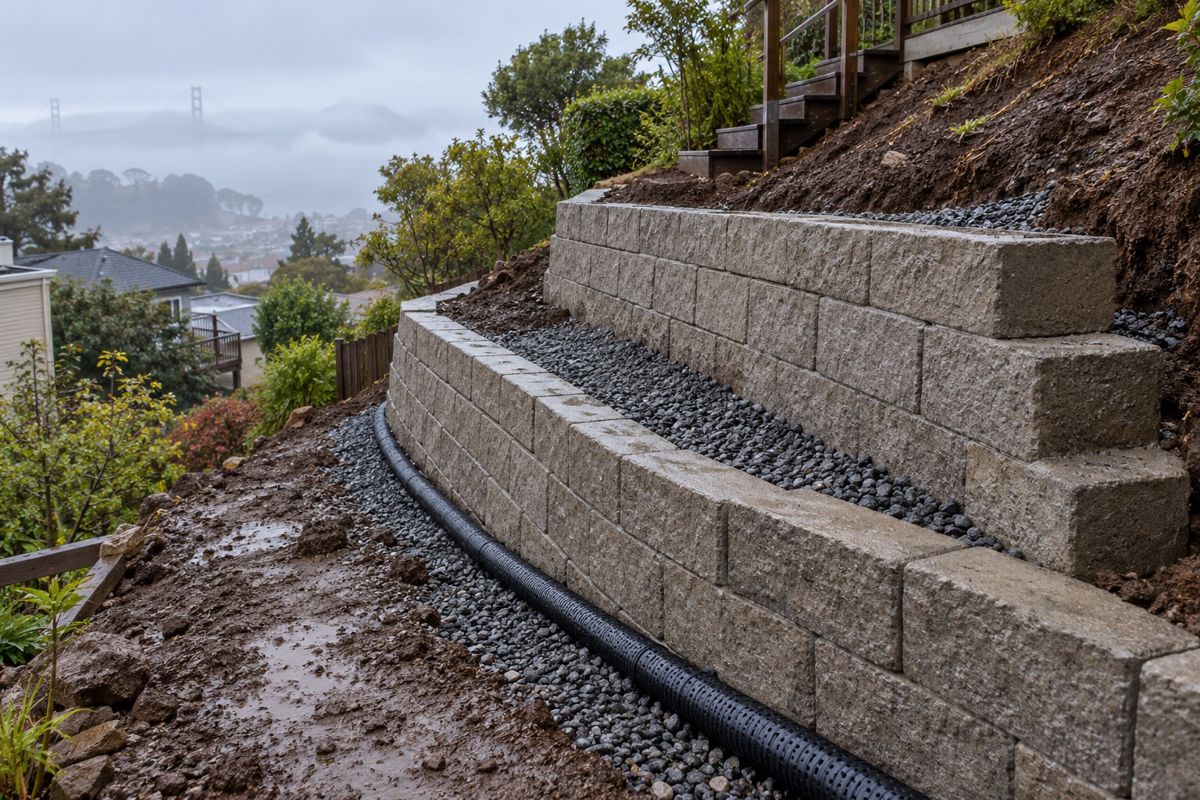 New block retaining wall with drain pipe on a steep San Francisco hillside yard