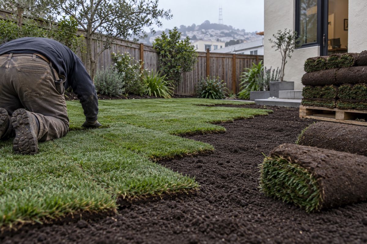 Fresh sod rolls laid on prepared soil in a small San Francisco backyard